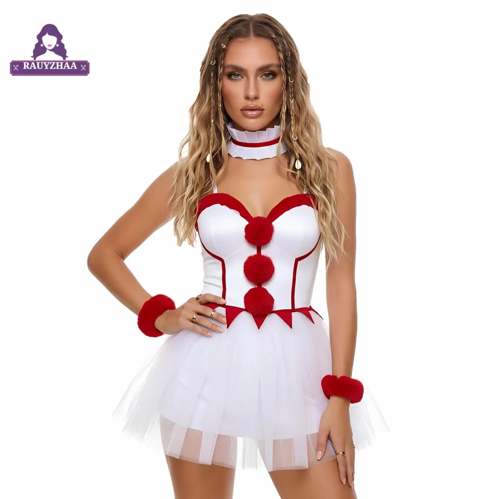 Women's Polyester Halloween Clown Clothing Set - Sleeveless Tutu Dress with Choker Neck, Wrist Cuff Accessories for Multi-Size Ladies Costume Ivory