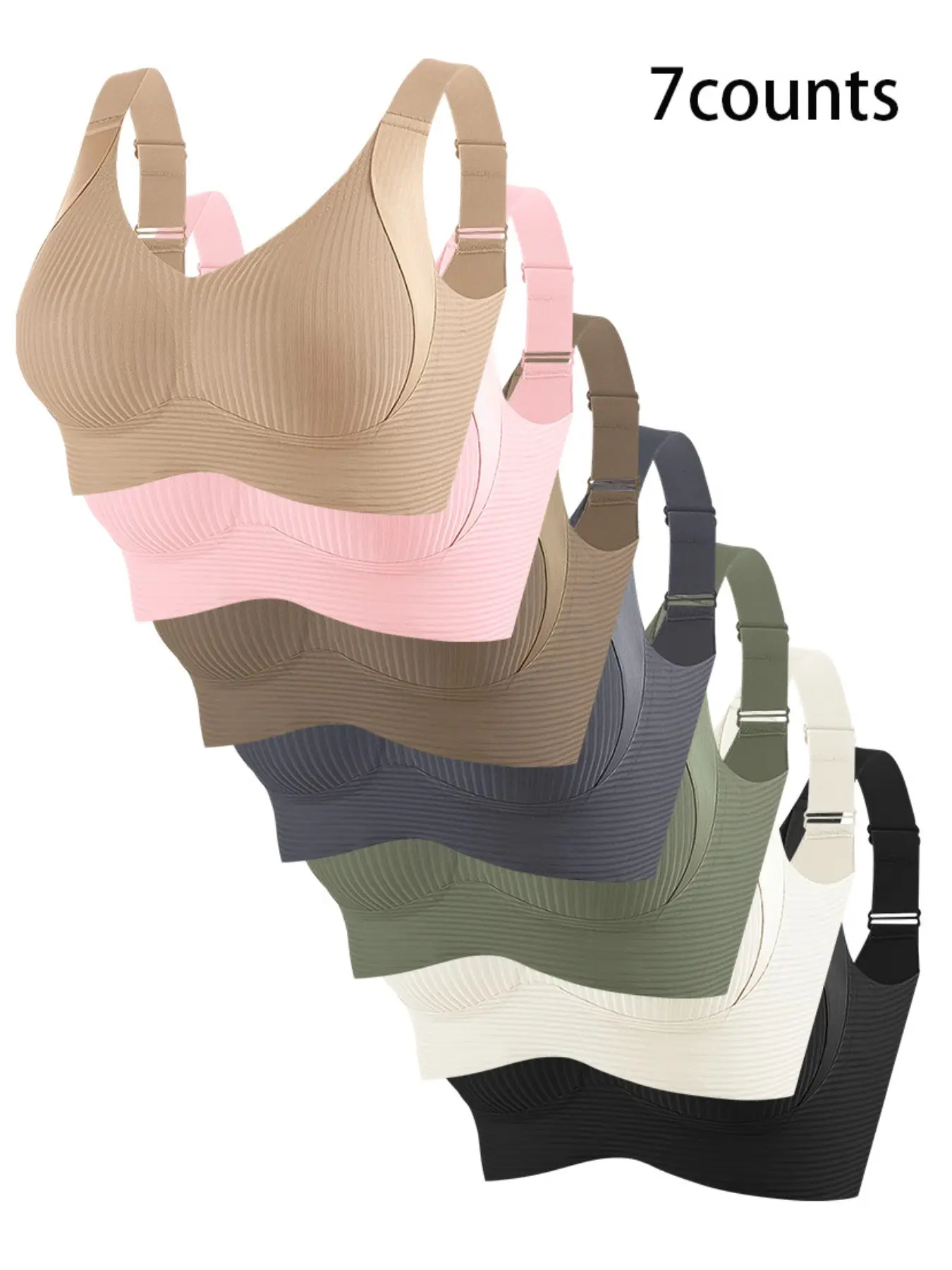Women's 7-Piece Plain Wireless Bra Set, Comfortable Breathable Push-Up Bras, Soft Lightweight Lingerie, All Seasons Wear