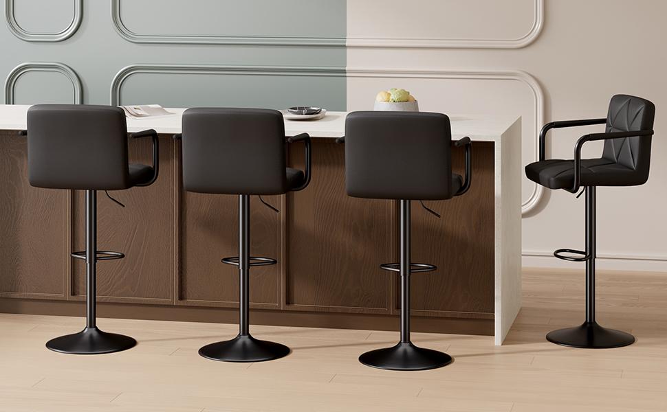Modern Bar Stools Set of 2 Upholstered Faux Leather Barstools with Back and Arms Height Adjustable Bar Chairs Waterproof Counter Barstools for Kitchen Bar Dinning Room, Black