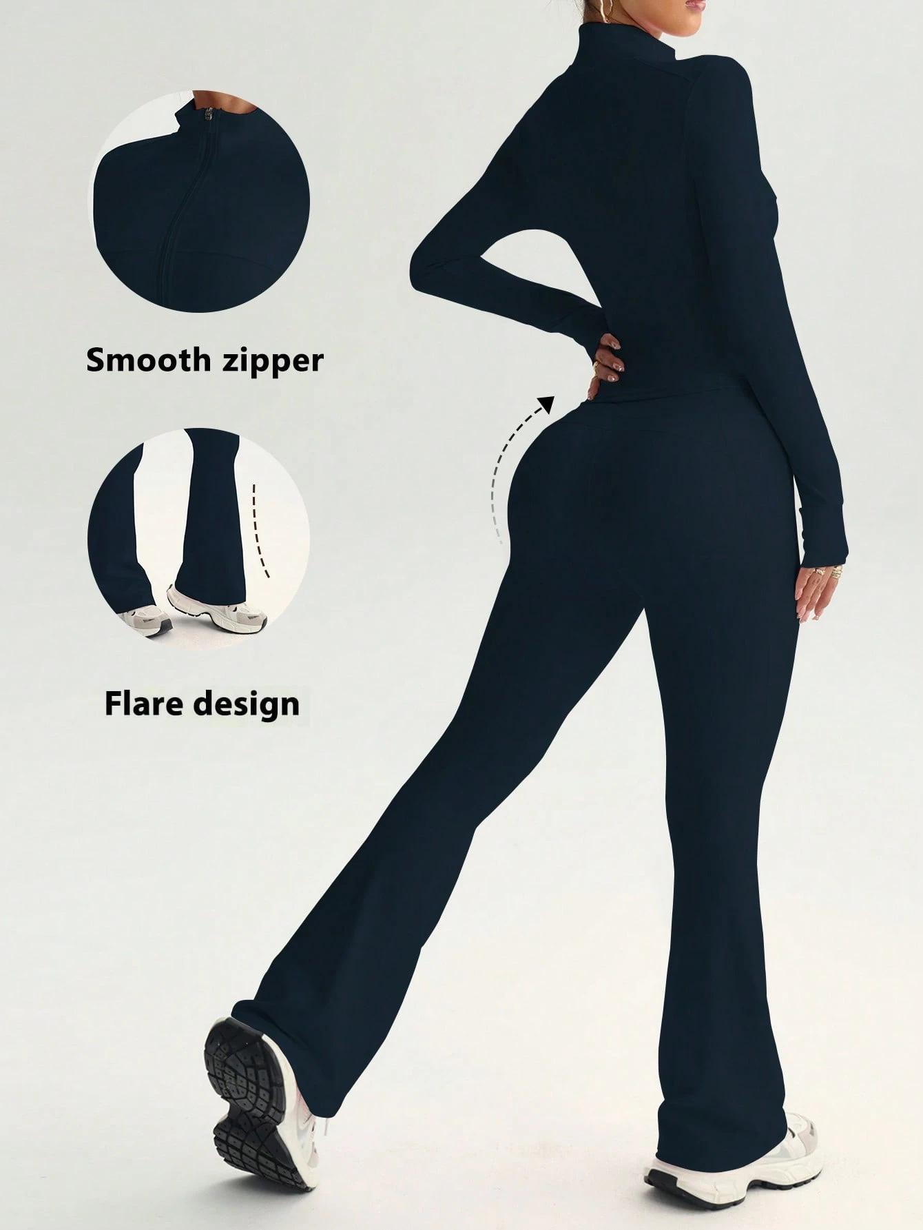 Women’s 2-Piece Yoga Set - Half Zip Mock Neck Long Sleeve Top, High Waisted Flare Leg Bottoms, Soft Naked-Feel Breathable Athleisure for Gym Workouts, Pilates, Multi-Size Female Activewear, 2 Piece Sets, Clothes For Women, Woman 2 Piece Set, Flare Legging