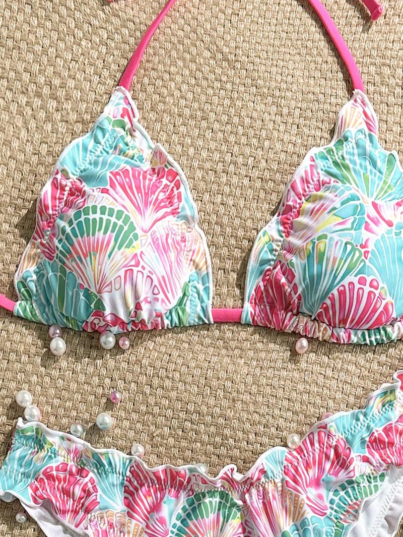 Women's Triangle Bikini Set Ruffles Spaghetti Strap High Cut Ruffle Trim Swimsuit Ditsy Floral Lace Up Two Piece Bathing Suits