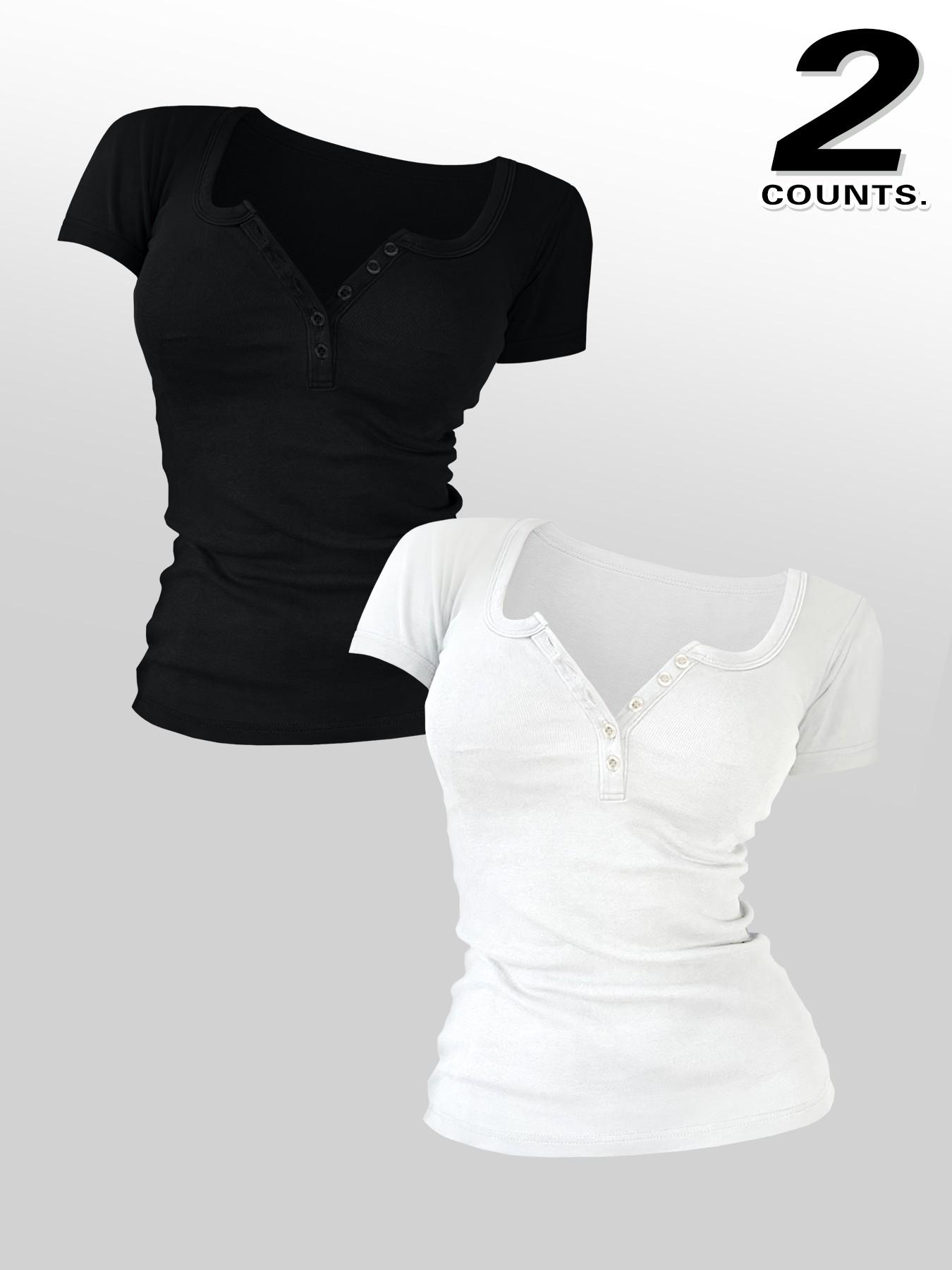 Women's Solid Color Button V-Neck Tee, Casual Short-Sleeve T-Shirt Top for Summer Daily Wear, Ladies Clothes