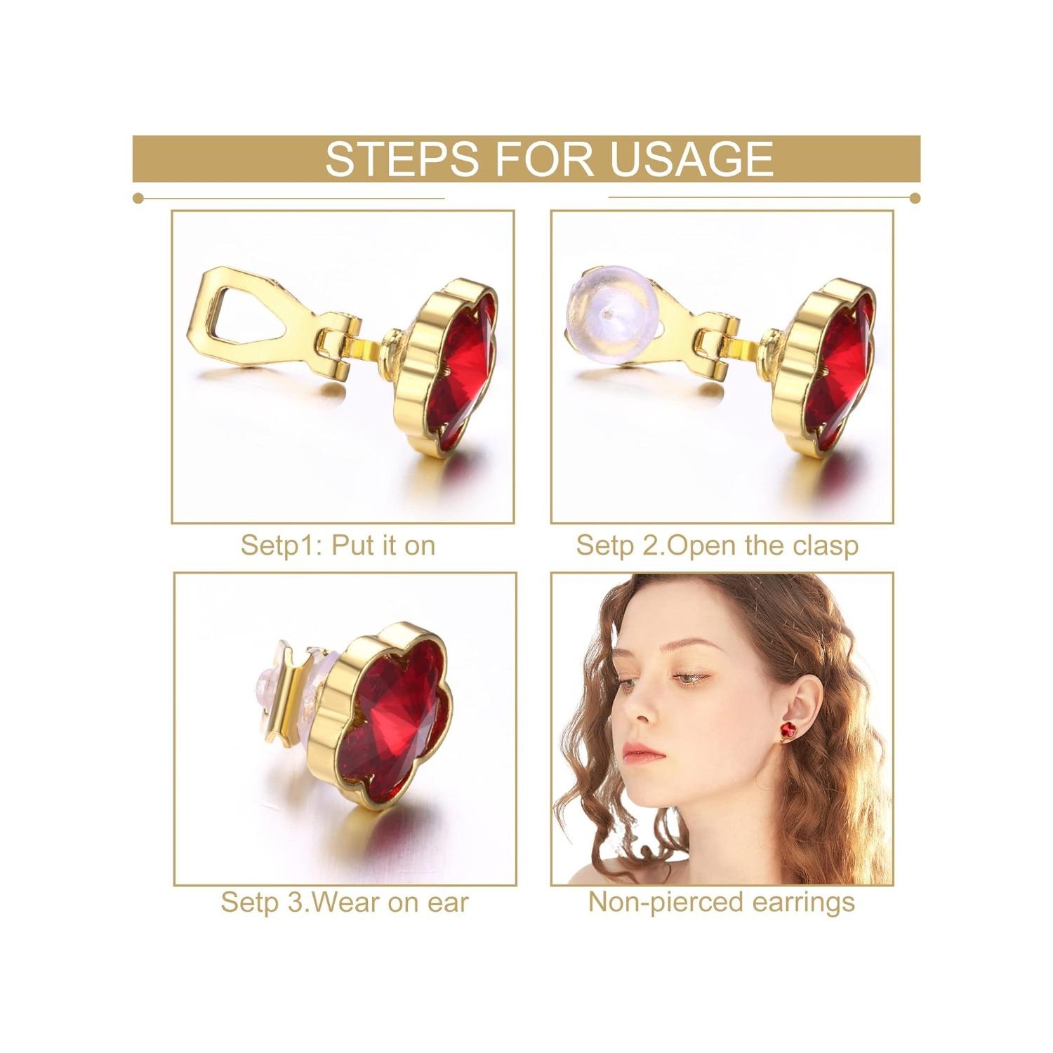 8 Pairs Clip On Earrings Set for Women - Non-Pierced CZ Heart, Butterfly, Flower Earrings - Hypoallergenic, Vibrant Color Birthstone Clip Ons