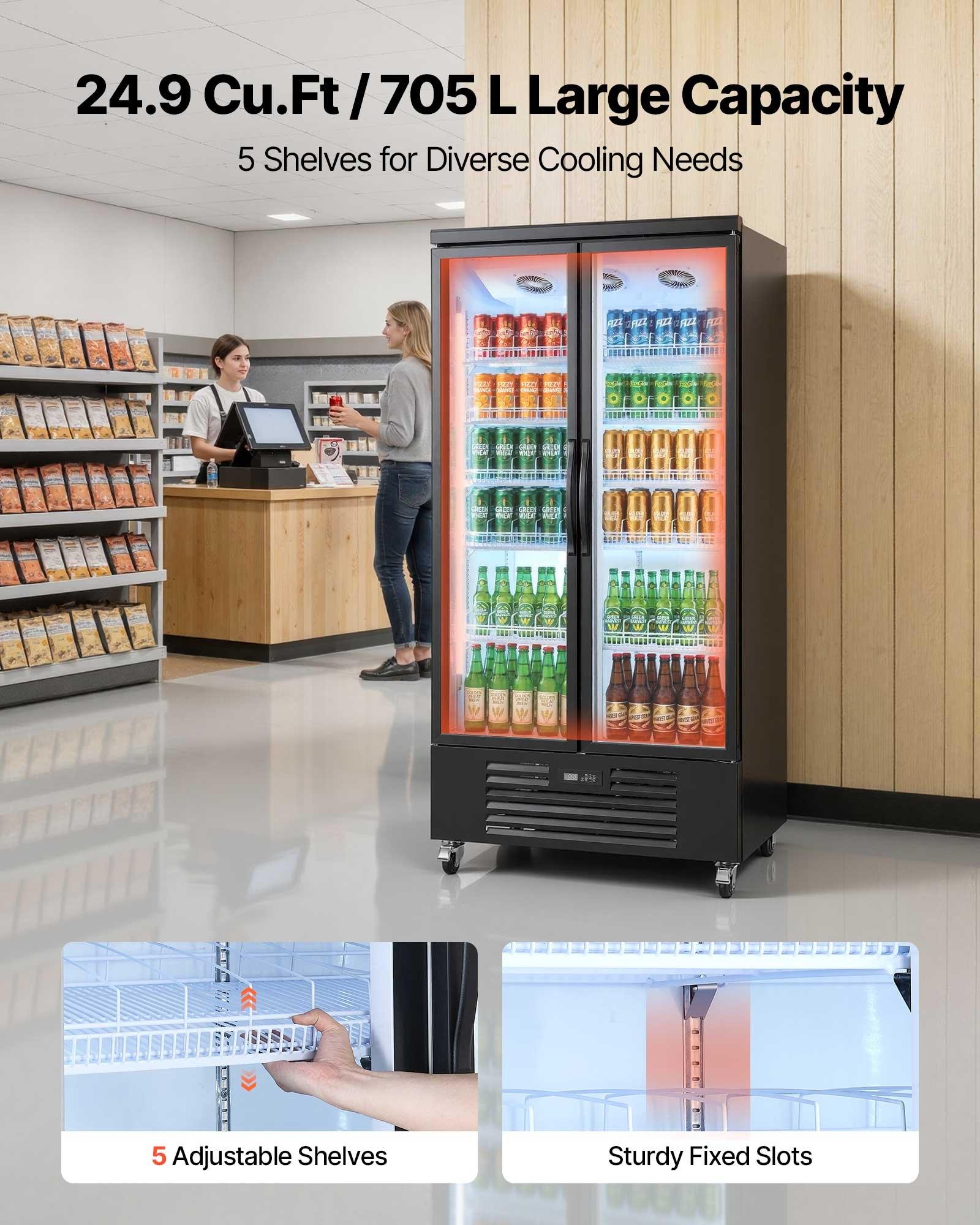 VEVOR Commercial Merchandiser Refrigerator - 24.9 Cu. Ft/705L Upright Beverage Cooler with Glass Doors, 5 Adjustable Shelves, Soft LEDs, Casters, Upright Freezer for Bars, Supermarkets