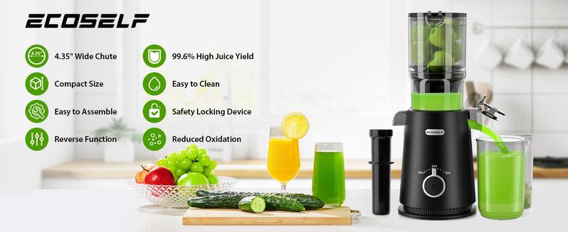 Cold Press Juicer, Whole Juicer, Juicer Machines with 4.35" Wide Mouth, Whole Fruit juicer, Juice Extractor for Vegetable and Fruit, High Juice Yield, Easy to Clean with Brush