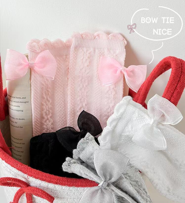 (New)4 Pairs Girls' Reversible Bow Calf Socks - Breathable Mesh, Spring & Summer |     Perfect for Christmas Festive Outfits & Daily Wear! #   ChristmasKidsWear #   ReversibleBowSocks #   GirlsBreathableMeshSocks