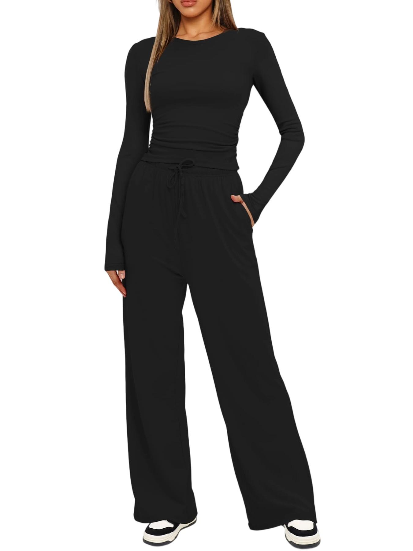 Women's Solid Ruched Drawstring Loungewear Set, Casual Long Sleeve Round Neck Top & Pocket Wide Leg Trousers, Spring Summer Sleepwear Pajama Set