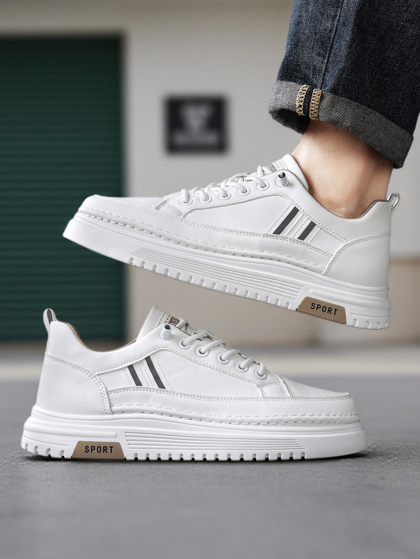 Men's Summer Thick Sole Sneakers, Simple Striped Casual Board Shoes, Soft Leather Breathable Lightweight, Height Boosting Slim Fit, Versatile Daily Wear