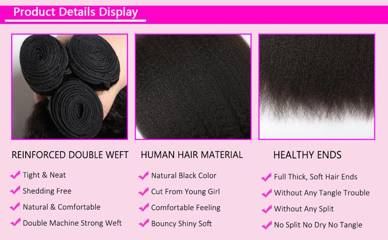 Megeen 16A YAKI Straight Human Hair Bundles Hair Bundles Kinky Straight Bundles 100% Unprocessed Virgin Human Hair Full and Thick 3 Bundles, Silky Soft, No Shedding, No Smell, No Tangle
