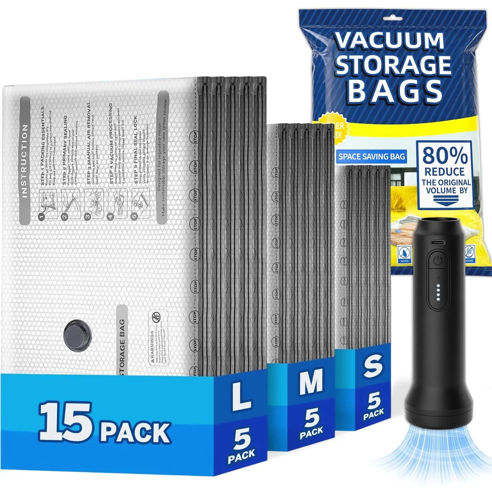 Vacuum Bags for Travel with Rechargeable Electric Pump, 15 PCS  Storage Bags Vacuum Sealed, Space Saver Bags Carry-on Size Compression Packing Bags for Luggage and Suitcase,dorm essentials,home decor