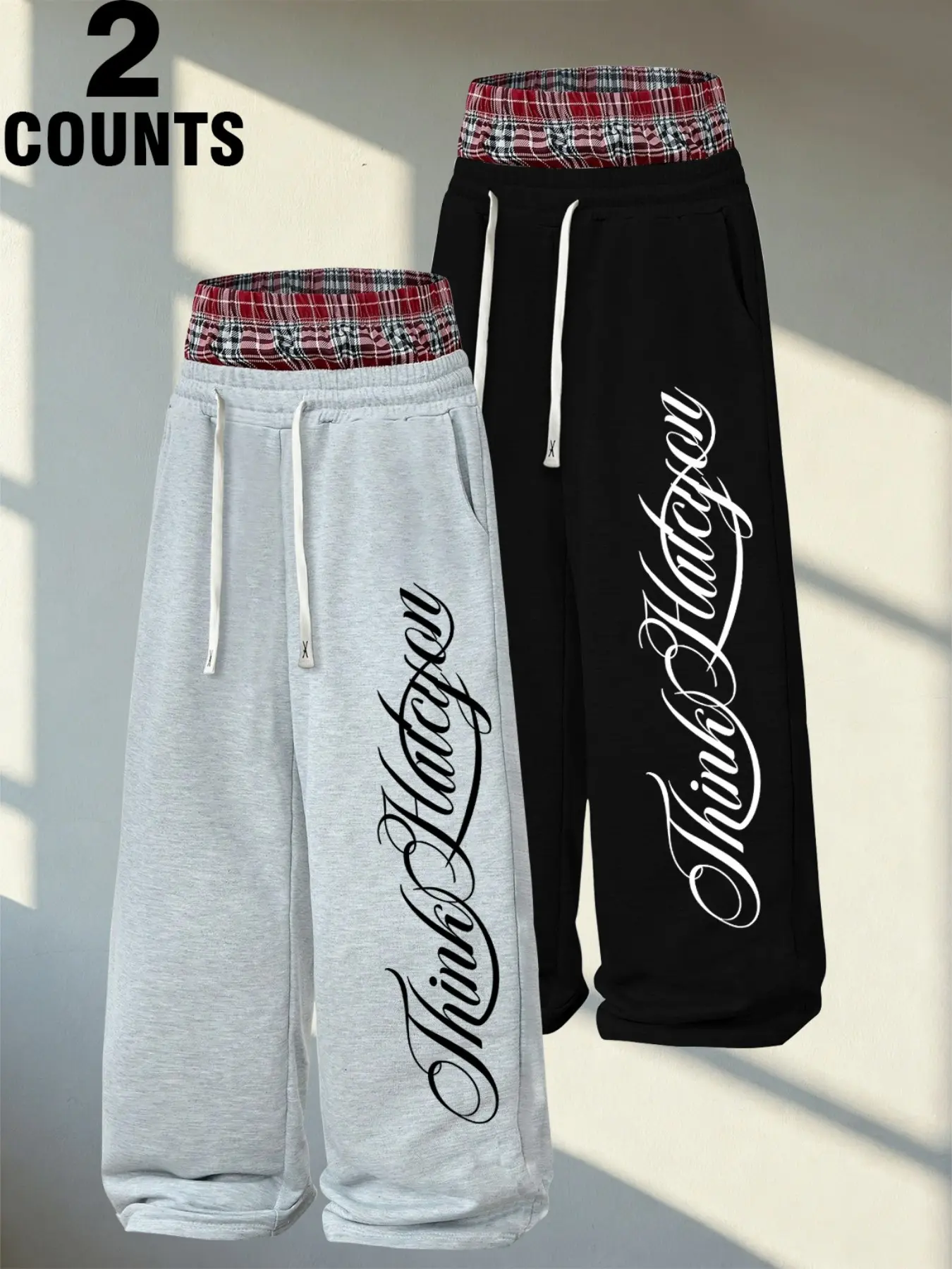 Men's Plaid Patchwork Wide Leg Pants Set, American Chicano Street Style, Letter Print Drawstring Waist, Loose Fit, Casual Long Pants Trouser