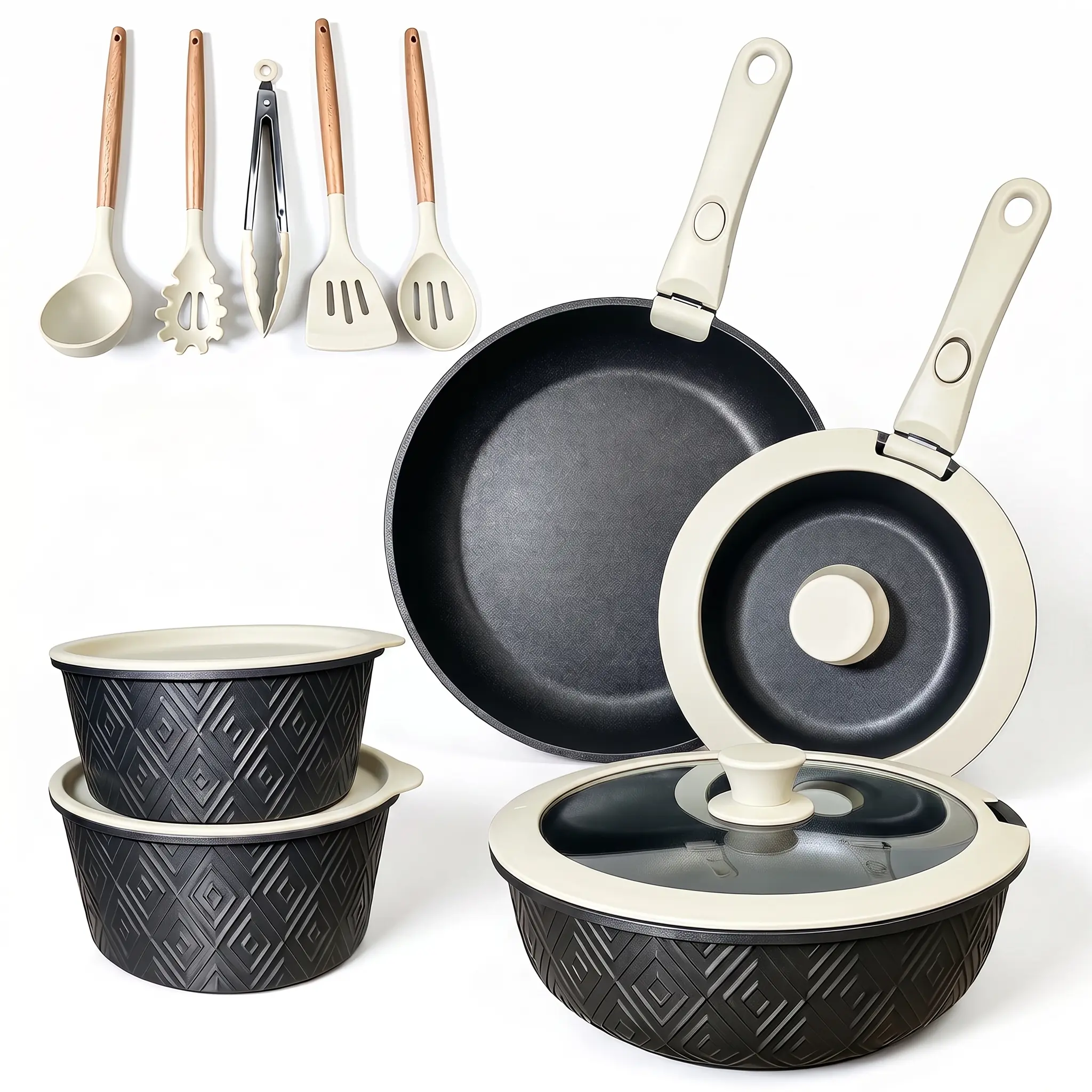 19-Piece Multi-Size Black & White Panda-Style Non-Stick Cookware Set, Detachable Handles for Space-Saving Storage, Oven-Safe Pot Hauler Compatible for Home Kitchen, Home Camping & Outdoor Cooking