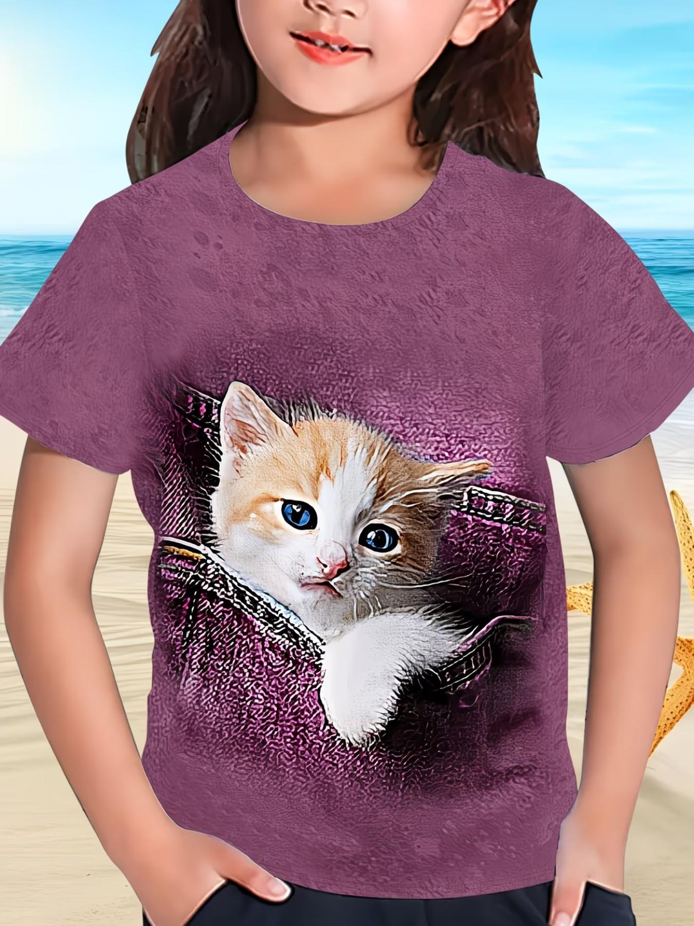 Short Sleeve T-Shirt with Cat Pattern, Cute Graphic Top for Girls, Summer Fashion Casual Loose-Fit Tee