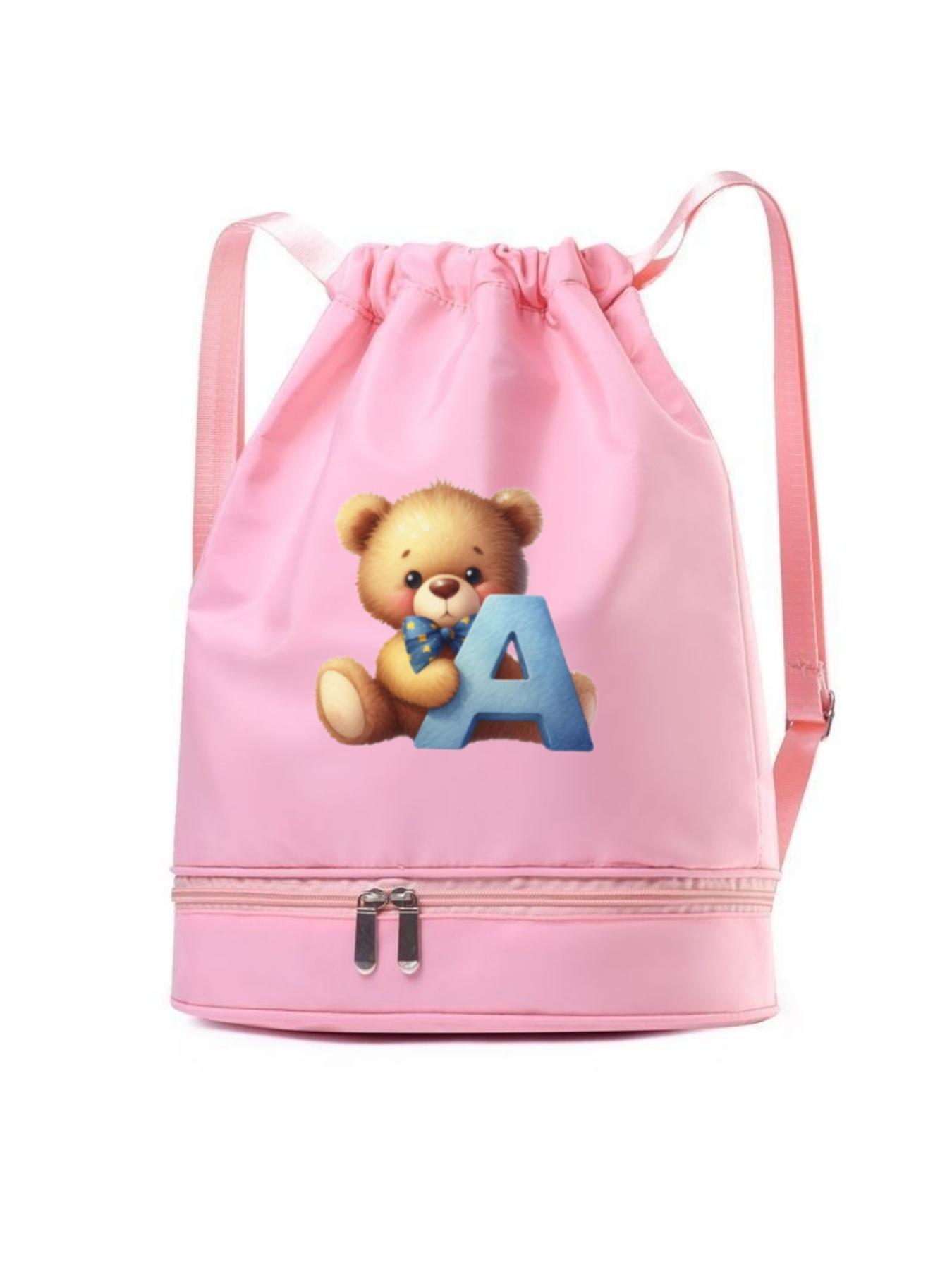 Cute Bear Letter a Pattern Backpack, Lightweight Durable Nylon, Independent Shoe Compartment, Multiple Colors, Fashionable Cartoon Bag