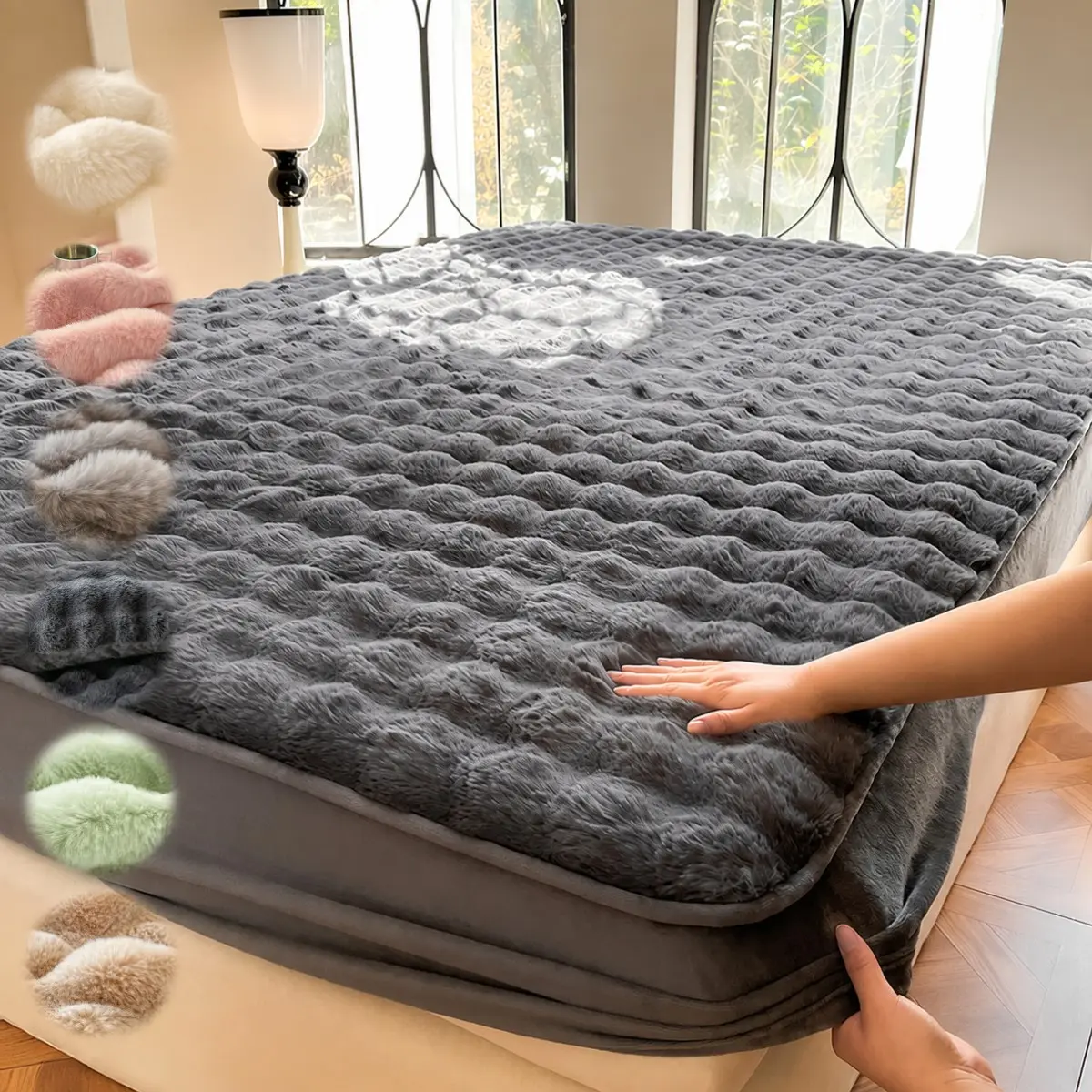 Luxury Faux Rabbit Fur Fitted Sheet Set, 1-Piece Soft Warm Solid Color Bedding with Pillowcase, All-Season Use, Perfect for Bedroom, Dorm, Sofa Décor, Cozy Christmas Gift