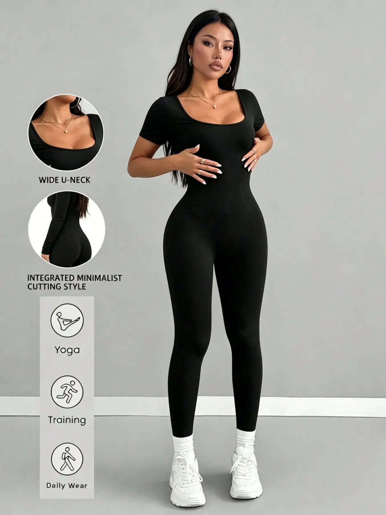Style Bodycon Romper, Square Neck Short Sleeve Elastic Slim Fit Tight Crop Top, Skinny Jumpsuit, Trendy Women's Clothing