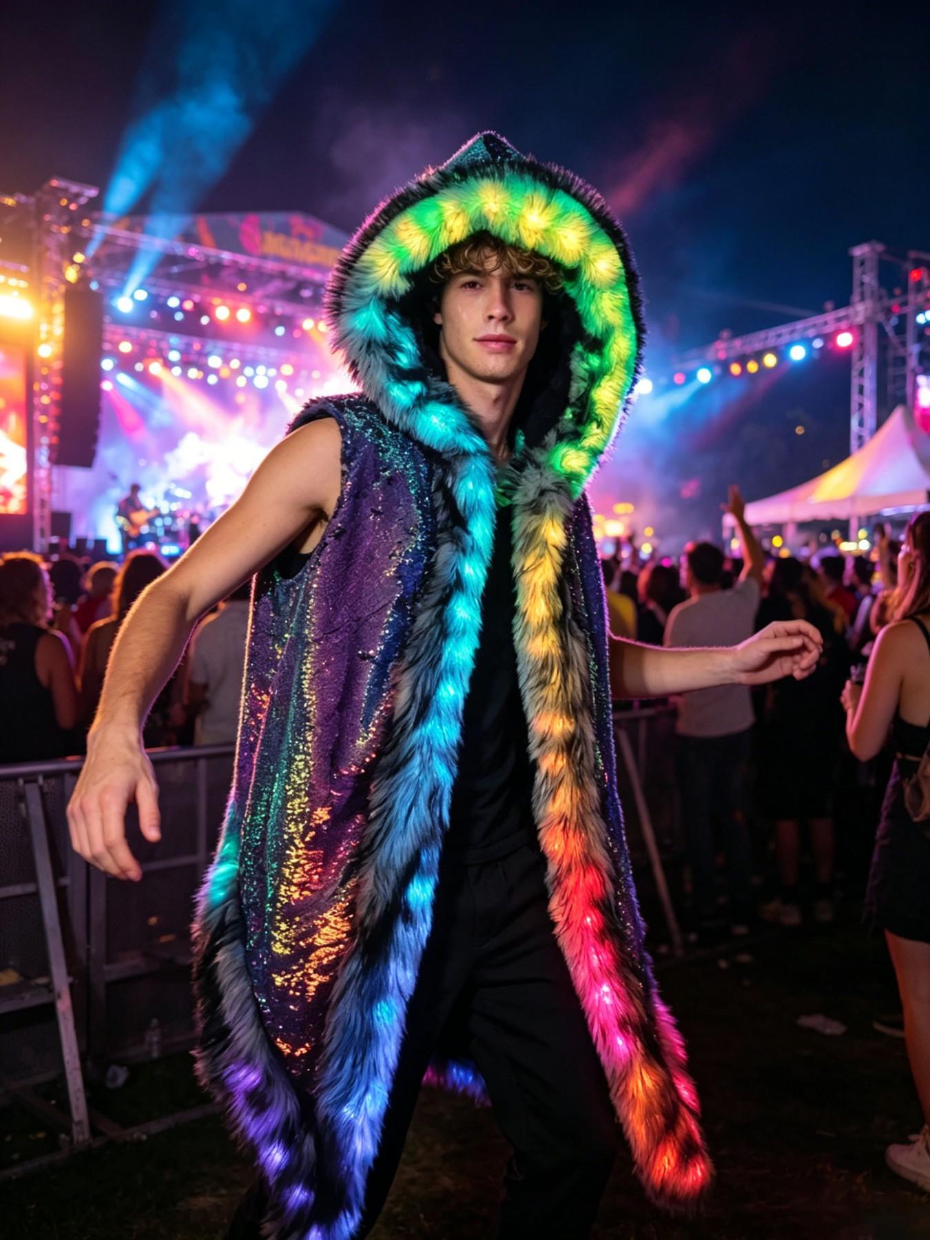 Men's LED Glowing Fake Fur Hooded Vest, Long Sleeveless Jacket, Trendy Party, Versatile Streetwear, Winter Fashion