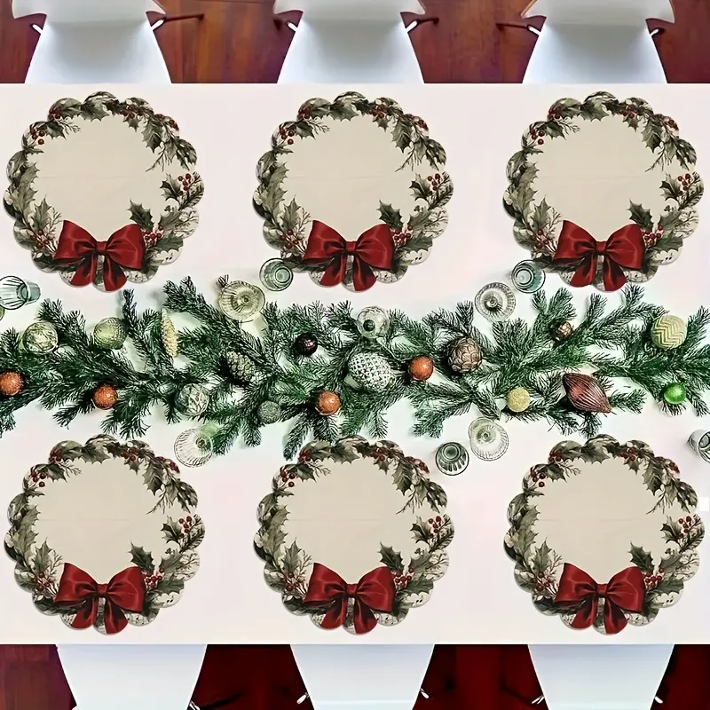 Non Slip Washable Polyester Round Placemats Vintage Wreath Design 6 12 Pack With Musical Notes Red Bow 13.78 Inch Square Free Size Table Mats For Christmas Festival Kitchen Banquet Party Dining Decoration Holiday Placemats New Year Valentine Easter