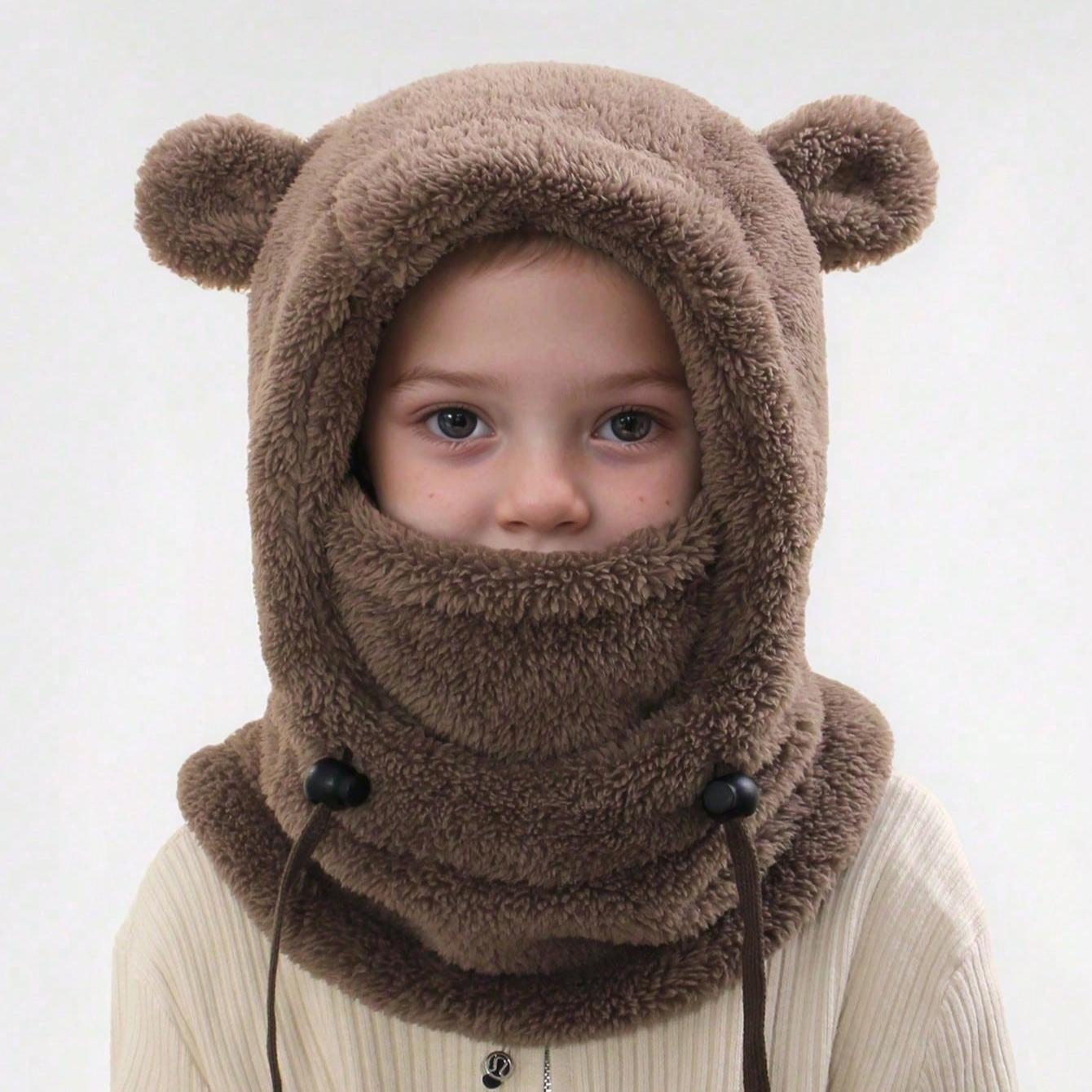 Autumn/Winter Kids Hooded Hat with Cute Bear Ears, Fleece-Lined Scarf and Mask, Unisex Children Outdoor Windproof Animal Headwear, Hooded Bonnet