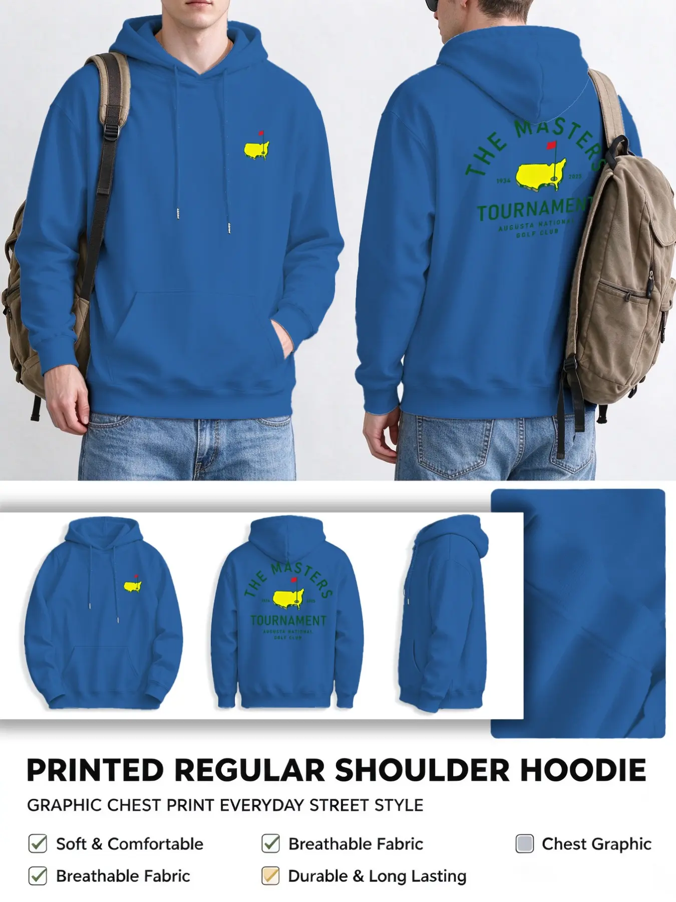 Men's Golf Masters Print Hoodie, Casual Loose Fit, Dual-Sided Graphic, Soft Breathable Long Sleeve, Street Style Sweatshirt