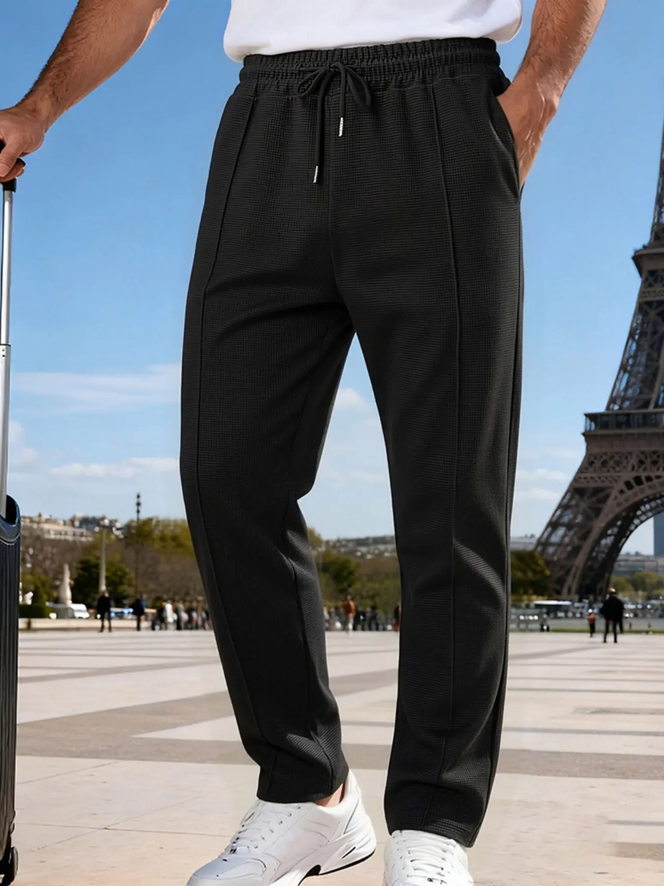 Men's Waffle Knit Textured Straight Leg Casual Pants, Drawstring Elastic Waist, Drape Loose Sweatpants