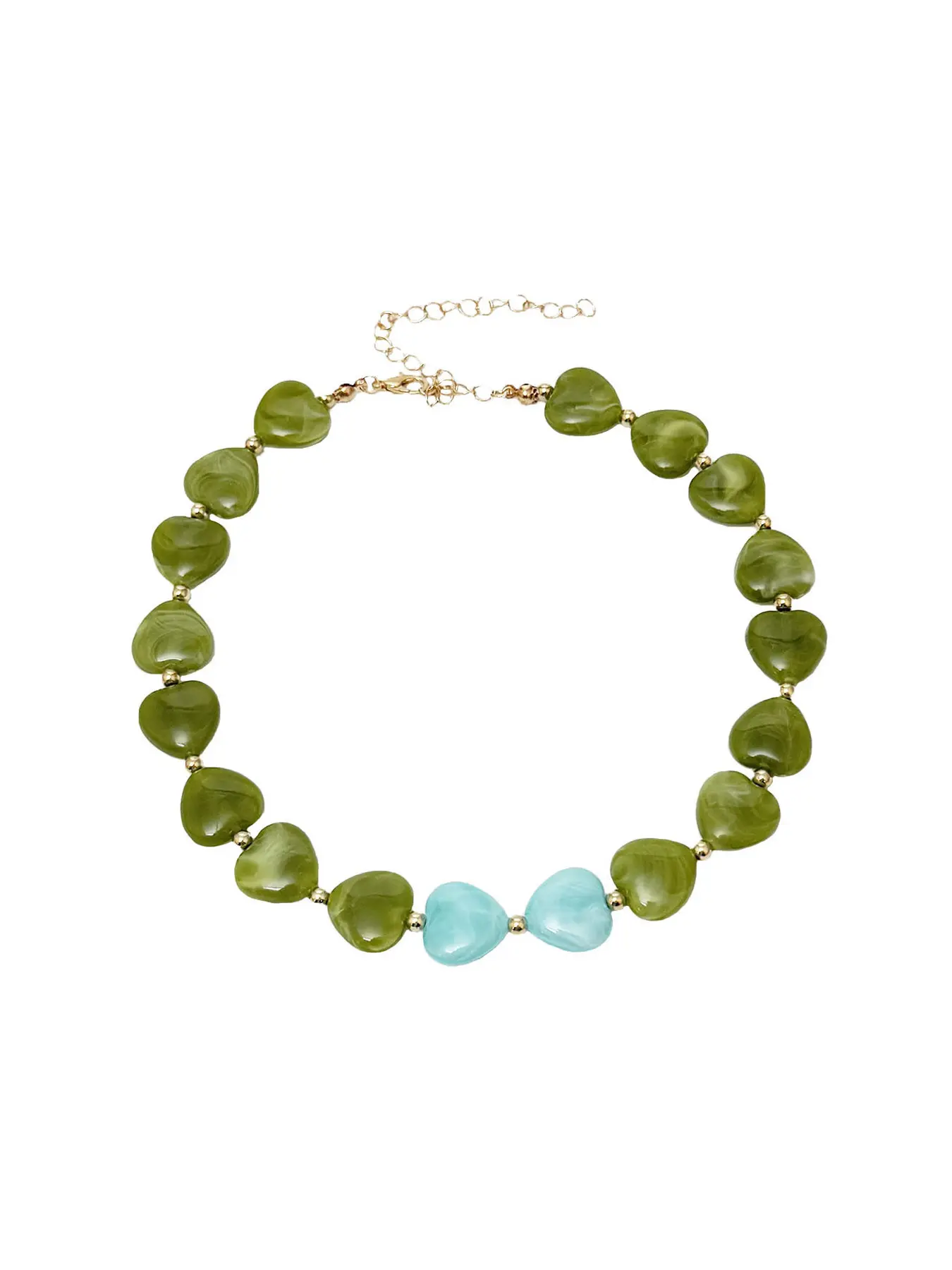 Two Tone Olive Green Sky Blue Marble Swirl Resin Heart Beaded Choker Necklace Boho Chunky Irregular Heart Chain Summer Beach Vacation Statement Neck Jewelry For Women Teen Girls