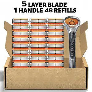 5-Blade Razor Set - 48 Replacement Blades + 1 Handle - stainless steel razor, non-slip handle, suitable for face, head and body shaving.Individuals with coarse or thick hair may experience suboptimal shaving results Daily