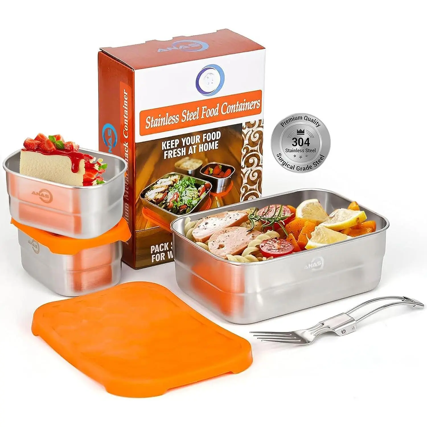 3-PK Stainless Steel  Containers with , Leakproof, Stackable