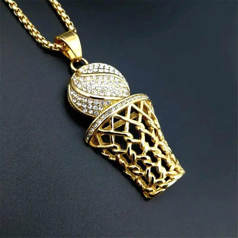 Hip Hop Stainless Steel Iced Out Pave Cubic Zirconia Basketball Basket Pendant With Layered Gold Chains, Iced Out Look Costume Jewelry Necklace