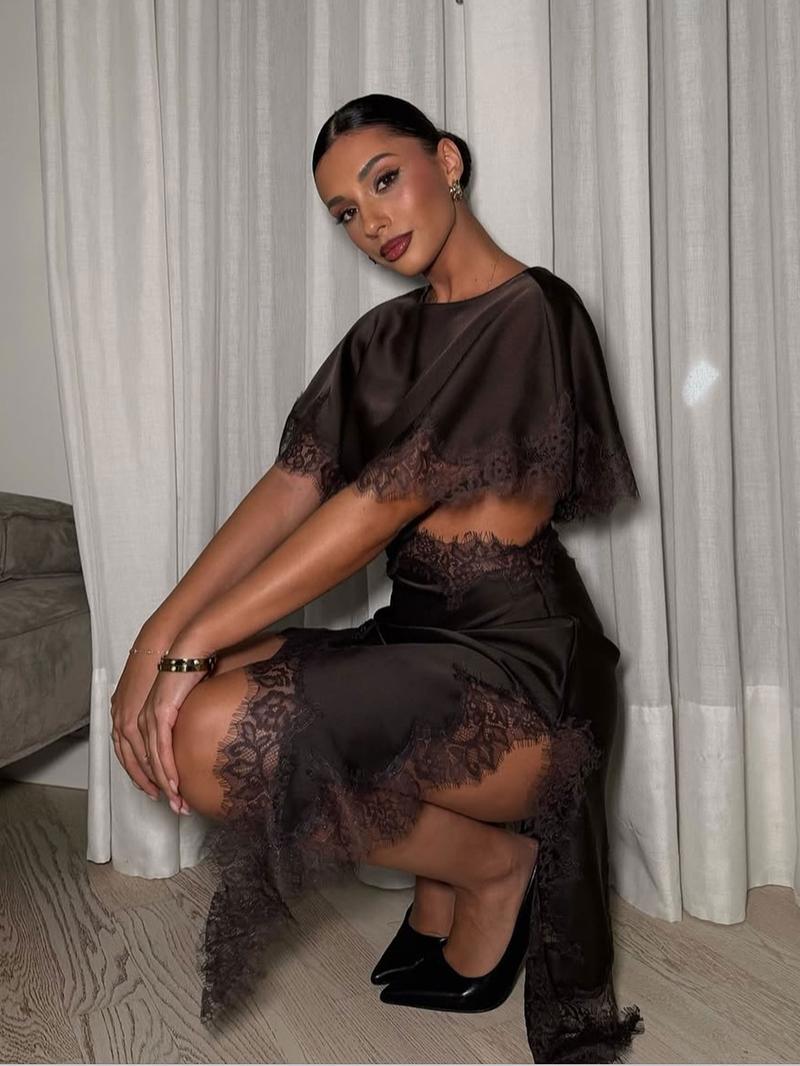 Women Summer Black Lace-up Mini Dress With Open Front Asymmetrical Hemline And Intricate Lace Trim Fashionable Party Dress For Women