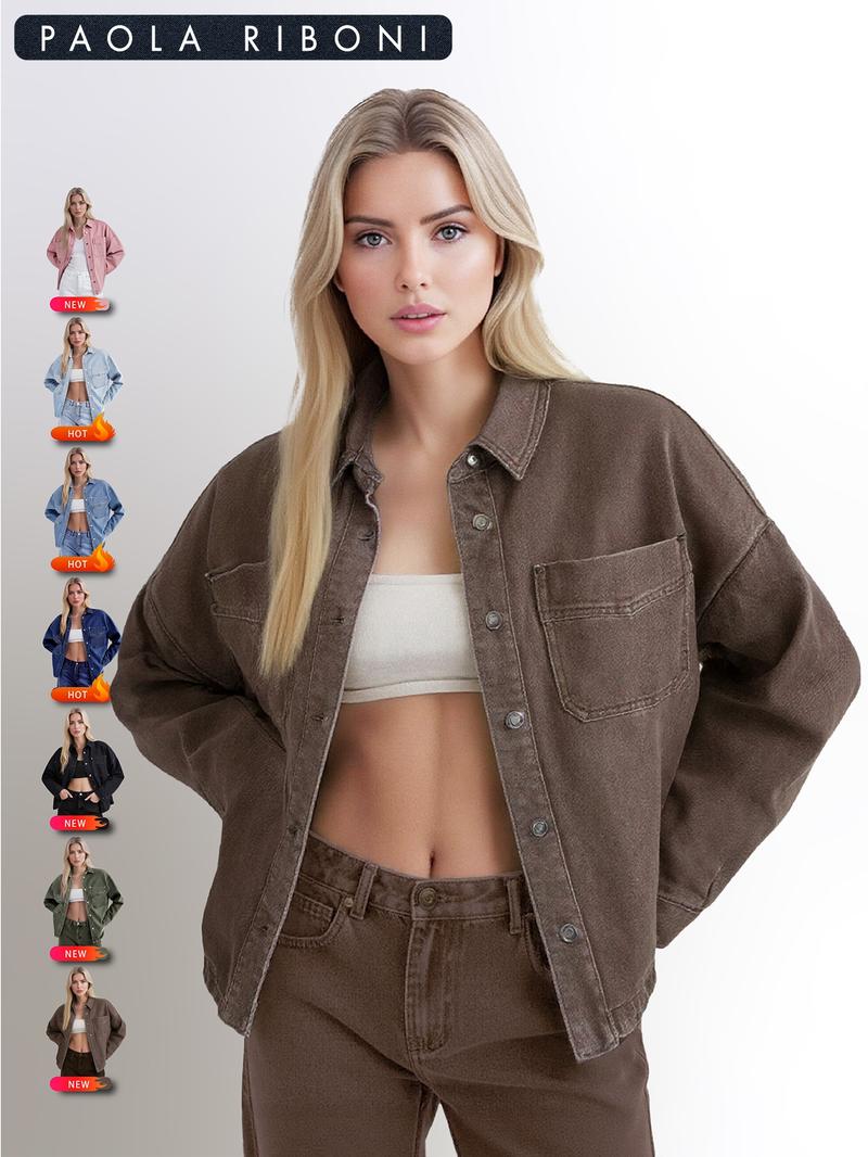 Women's Plain Drop Shoulder Denim Jacket, Casual Outerwear With Pockets For All Seasons