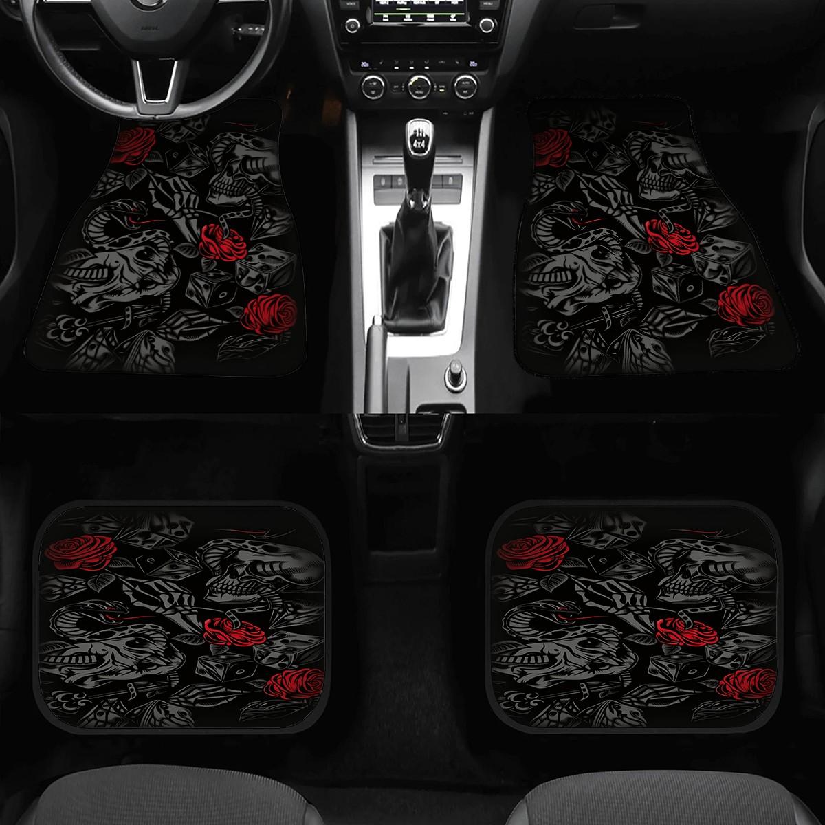 Four-Piece Retro Skull Rose Car Mats, Non-Slip Waterproof Floor Protectors, Universal Fit for Suvs and Cars, Ideal for Car Enthusiasts