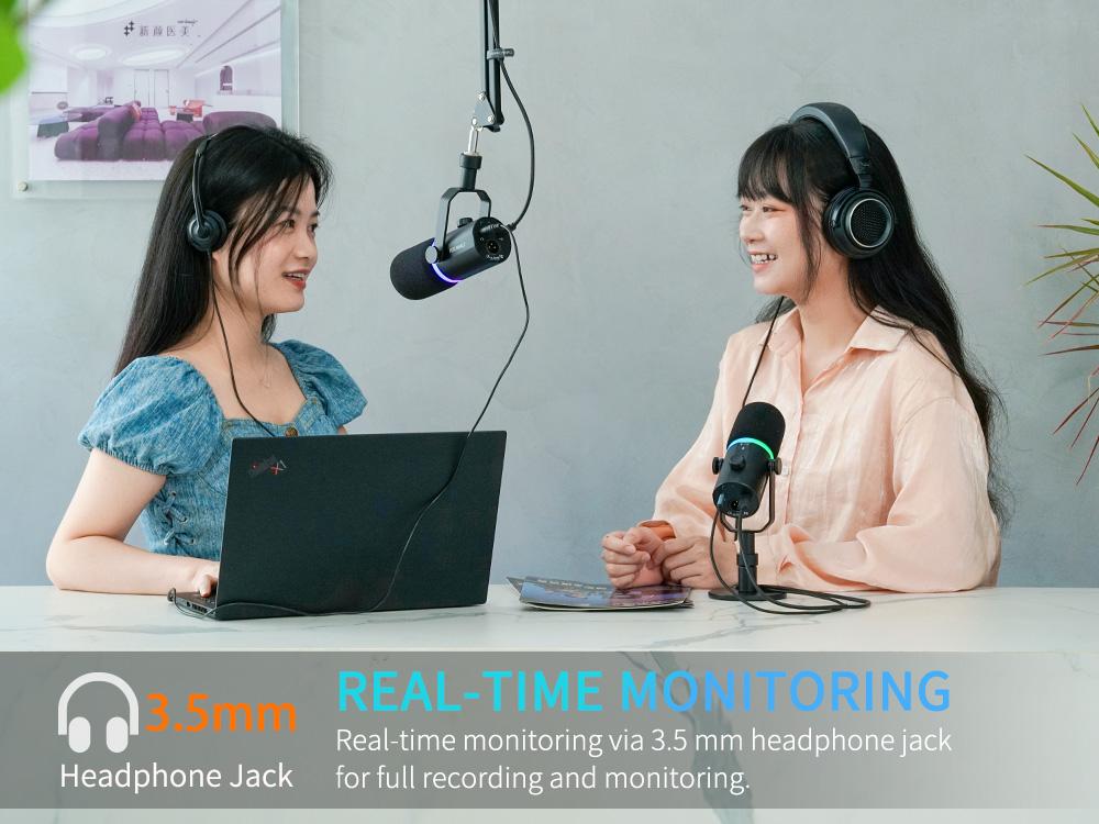 FEELWORLD PM1 XLR USB Dynamic Microphone with Boom Arm Stand for Podcast Recording PC Computer Gaming Live Streaming Vocal Voice-Over, Studio Metal Mic, RGB Light, Mute Button, Headphones Jack