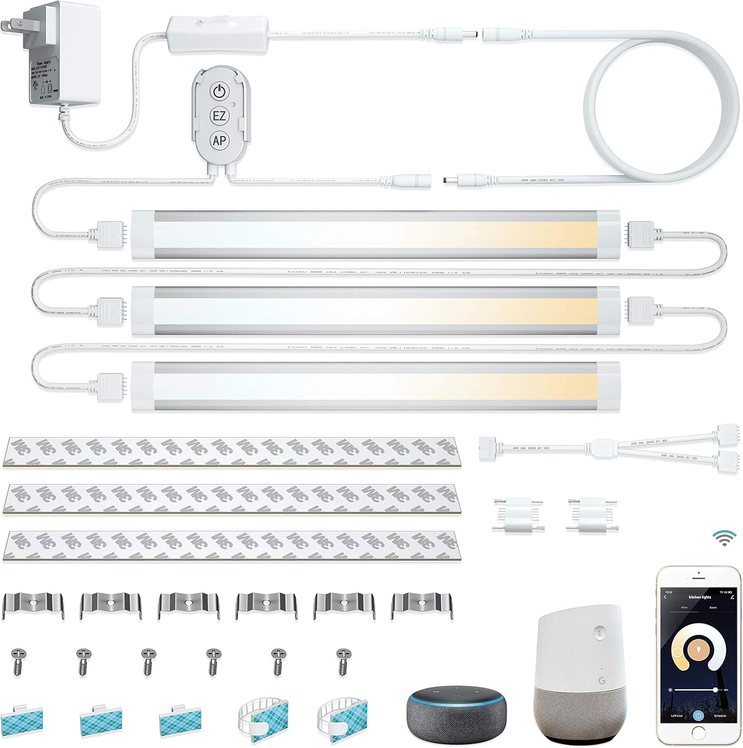 Smart Under Cabinet Lights Work with Alexa, Google,Siri, LED Light for Kitchen Shelf Counter Lighting with App, Voice Activated Dimmable and Linkable Warm to Cool White (3 Lights Bar Kit)