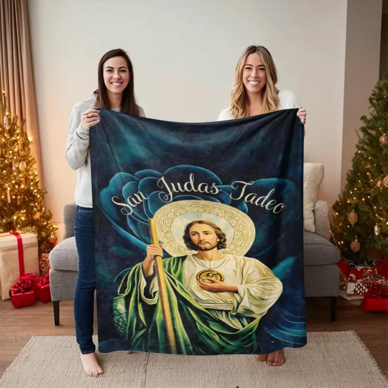 Blessed San Judas Tadeo Art Flannel Blanket Soft Fleece Throw Blanket for Bed Sofa Couch Cozy Warm Faith Inspired Religious Prayer Blanket Lounge Essential Home Decor Gift for Birthday Christmas Easter