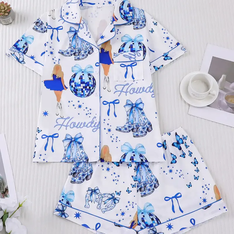 Women's All-Over Print Pajama Set, Short Sleeve Button Front Top & Elastic Shorts, Casual Home Wear, Loungewear Pjs, Comfortable Sleepwear for Women, Casual Pajamas Set
