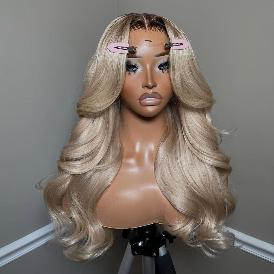 Ombre Ash Blonde Body Wave Lace Frontal Wig Virgin Human Hair Wig 13X6 HD Transparent Lace With Elastic Strap 180% Density Highlight Ash Blonde Milk Tea Colored Wig Natural Hairline For Woman
