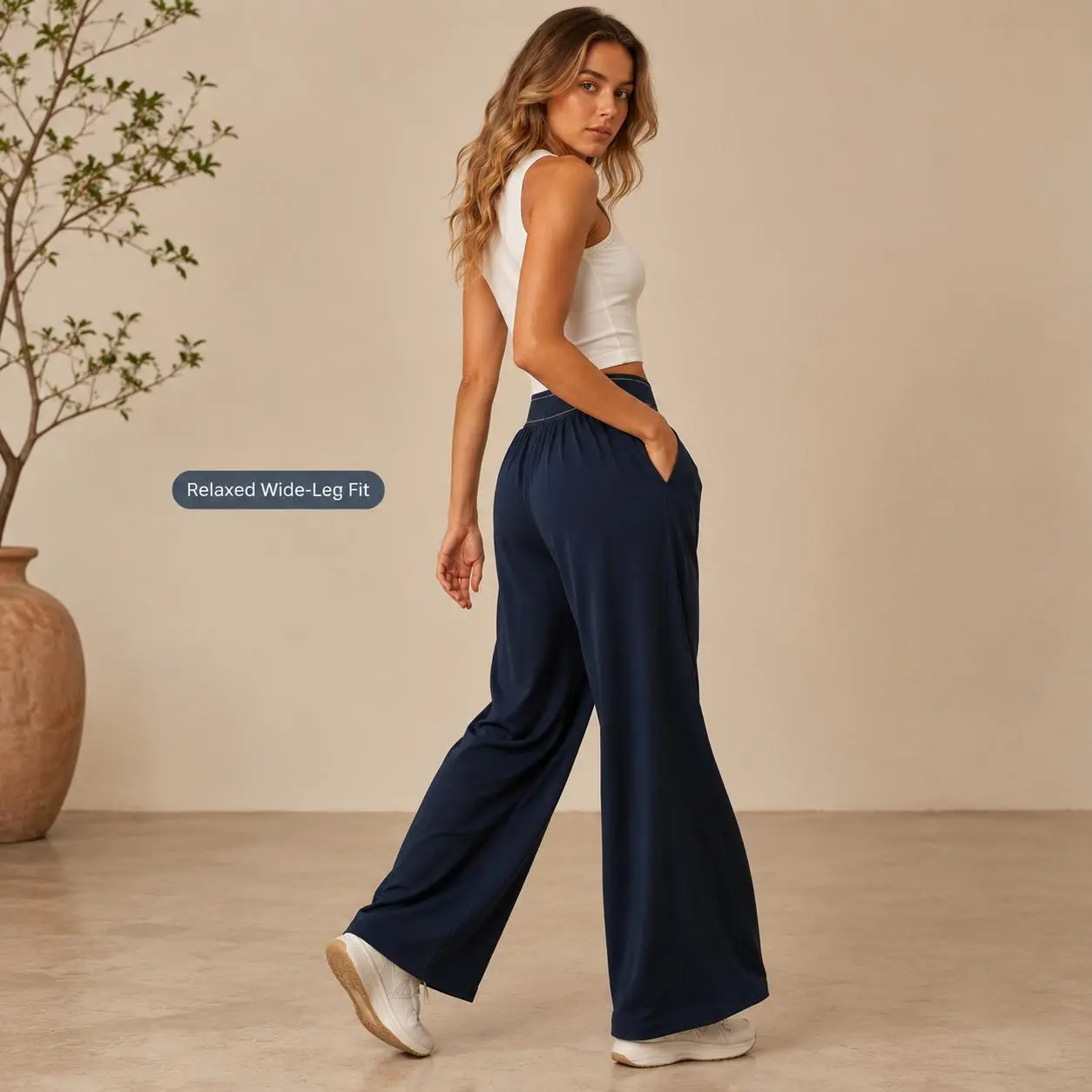 Women's High Waisted Wide Leg Pants with Pockets, Loose Fit Full Length Palazzo Trousers, Wide Waistband Solid Color Casual Lounge Pants for Work, Travel, Yoga, Walking, Vacation, Everyday Wear, Black and Navy Blue, Business Casual Athleisure Outfits