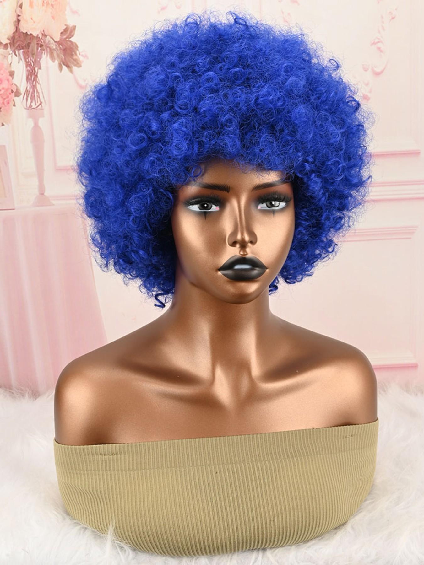 Bright Blue Fluffy Afro Synthetic Wig With Bangs High Temperature Fiber Short Kinky Curly Full Wig 70s Retro Style Afro Wigs For Cosplay Party Festival Photoshoot