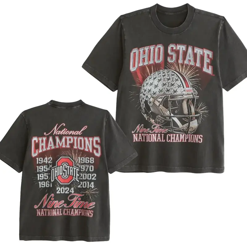 Vintage Ohio State Football T-Shirt, Retro Nine Time National Champions Helmet Graphic Print Soft Cotton Tee, Unisex Fit for Men & Women, Perfect Gift for College Football Fans