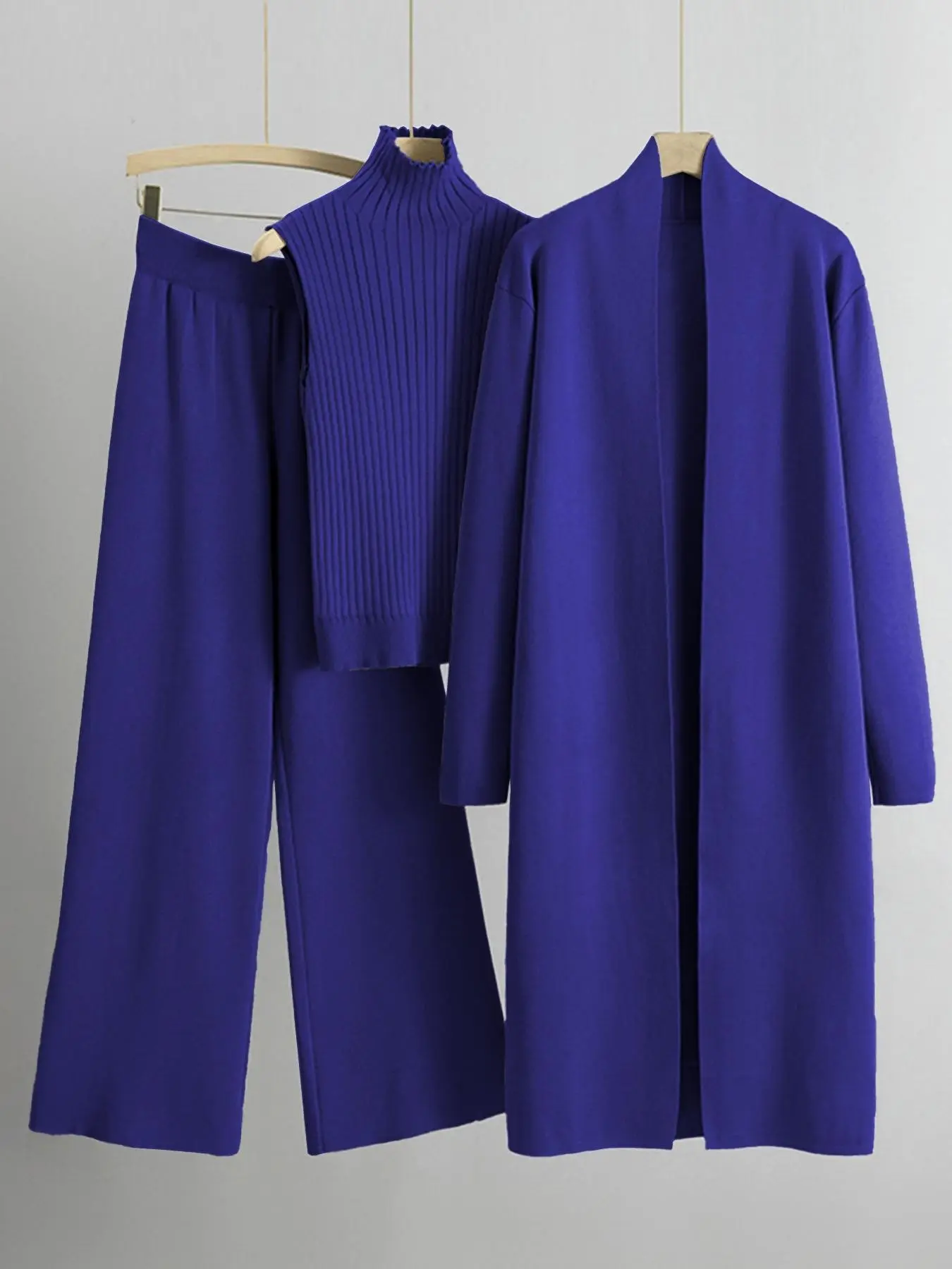 Women's Three-Piece Knit Set, Long Open Front Cashmere Sweater, Sleeveless High Neck Pullover, Ribbed Vest, Wide Leg Pants, Casual#TikTokMadeMeBuyIt #CasualChic#MatchingSet