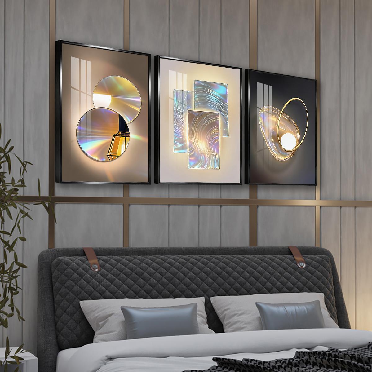 3 Counts Aluminum Alloy Framed Painting, Gradient Iridescent Abstract Light Art Pictures, Home Decoration For Living Room, Bedroom, Office, Restaurant, Hallway Wall Decor, Odorless Print Artwork, Luxury Perfect Gift For Friends And Family