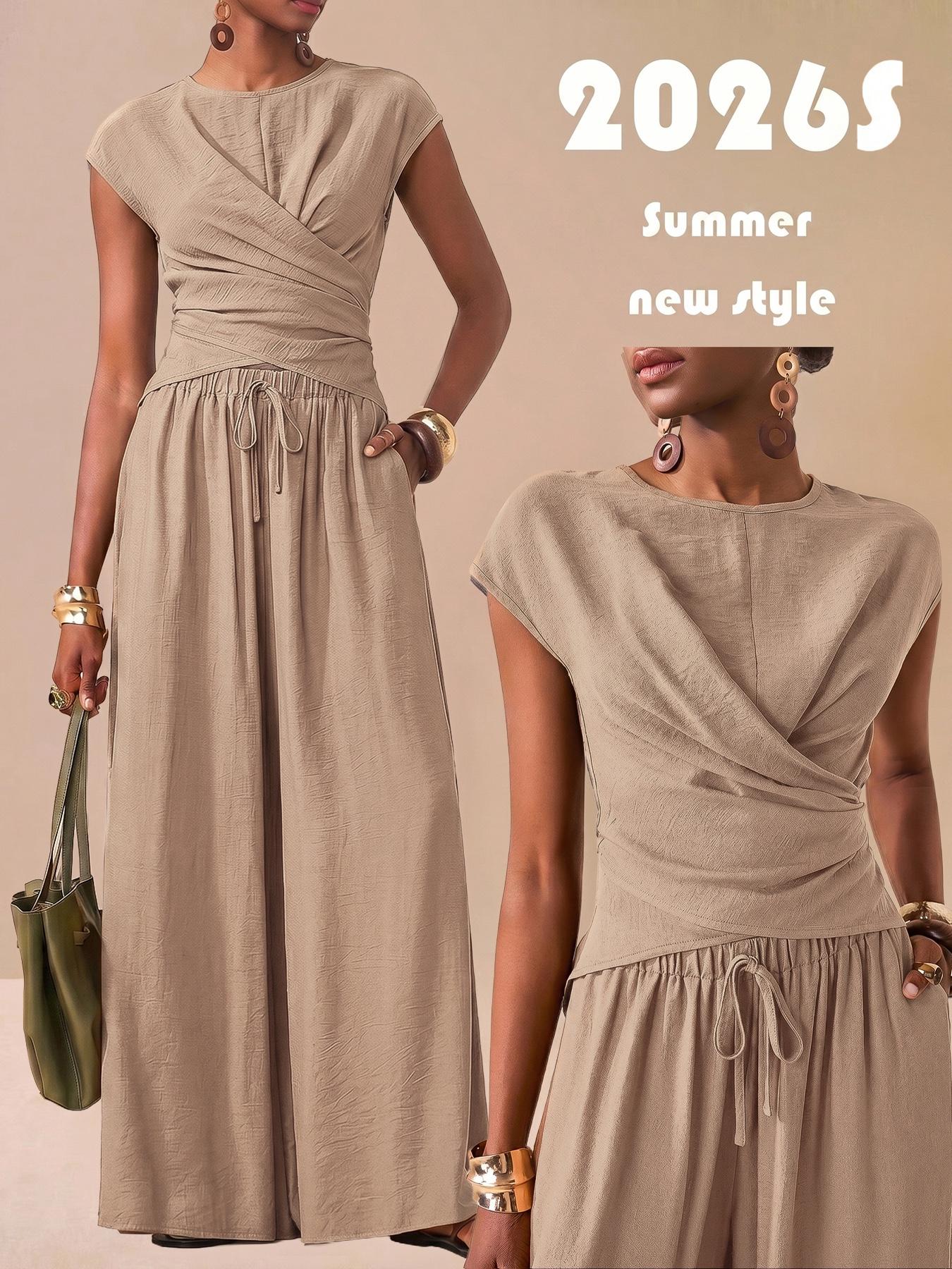 2pcs/Set Women's Casual Pleated Top and Wide Leg Pants Set,Summer Elegant Vacation Holiday Women's Two Pieces, Small Round Neck Overlapping Hem Versatile Casual Cruise Beach Seaside Wear,Comfortable Loose Fit, Perfect for Daily Wear