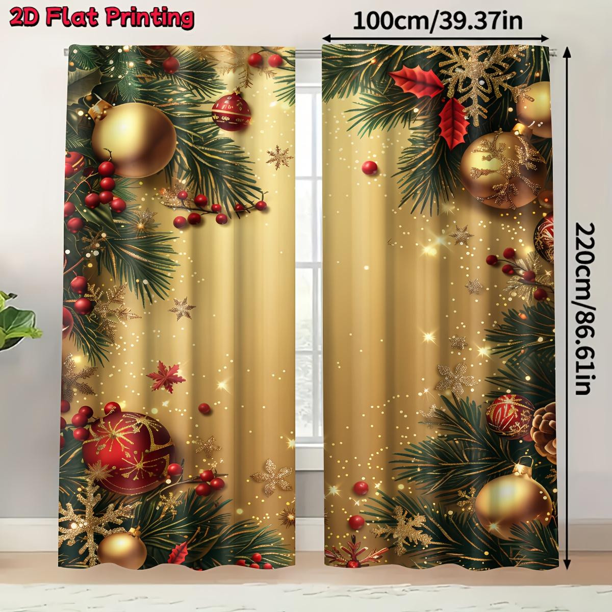 2-Pack, 2D flat print yellow Christmas pattern curtains, pole-mounted installation, digital printing, polyester material, suitable for home decoration, Window Curtain, Window decorations supplies