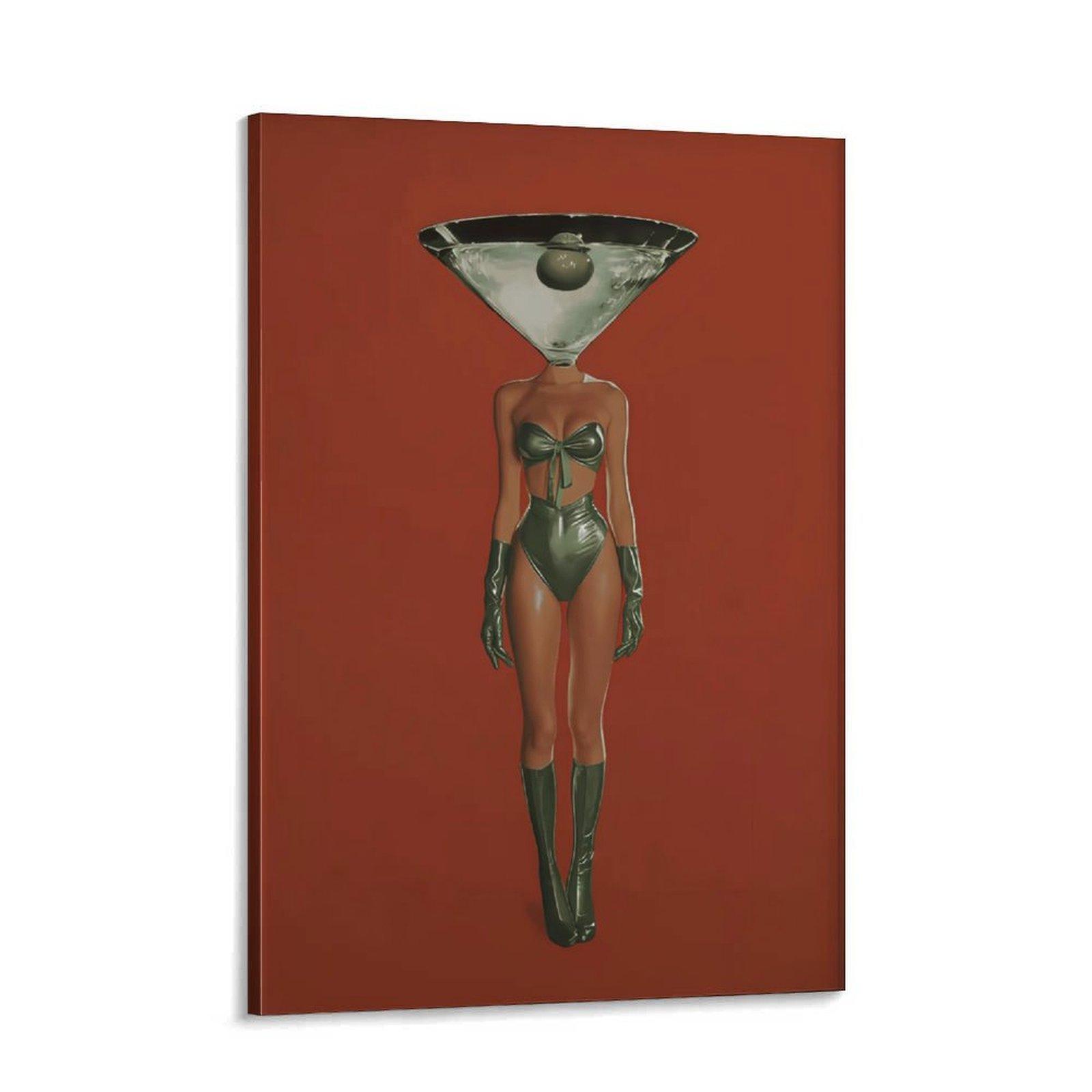 Vintage Dirty Martini Cocktail Print - Retro Bar Cart Decor, Red Wall Piece with Woman & Retro Drink, Aesthetic Canvas Poster for Bedroom, Funky Home Decor, Anime Wall Accent