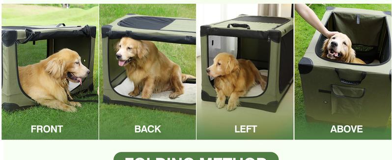 Collapsible Travel Dog Crate for Medium Large Dogs, Portable Oxford Cloth Dog Crate 4-Door Foldable Soft Kennel with Chew-Proof Mesh Windows for Indoor & Outdoor Travel,with Storage Bag,Green