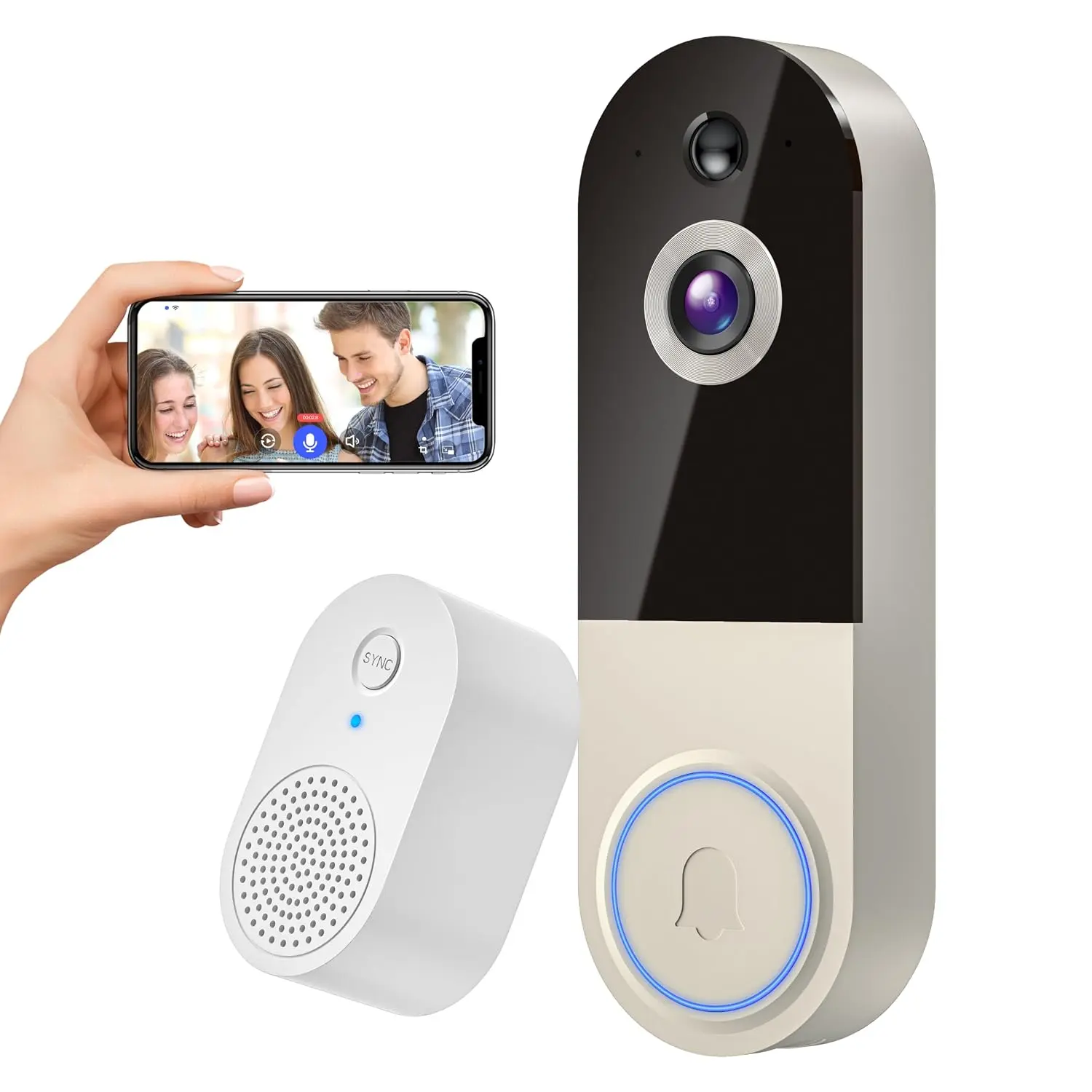 1080p Wireless Doorbell Camera with Receiver, AI Human Detection, 2-Way Audio, Night Vision, Cloud Storage (Sold Separately), Real-Time Alerts, Rechargeable Battery-Powered, 2.4Ghz Wi-Fi