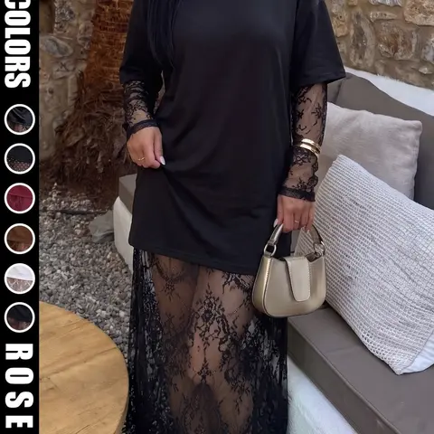 Sheer Lace Two-Piece Maxi Dress, Elegant Loose Fit Tee with Lace Skirt and Sleeves, Casual Solid Pattern Dress
