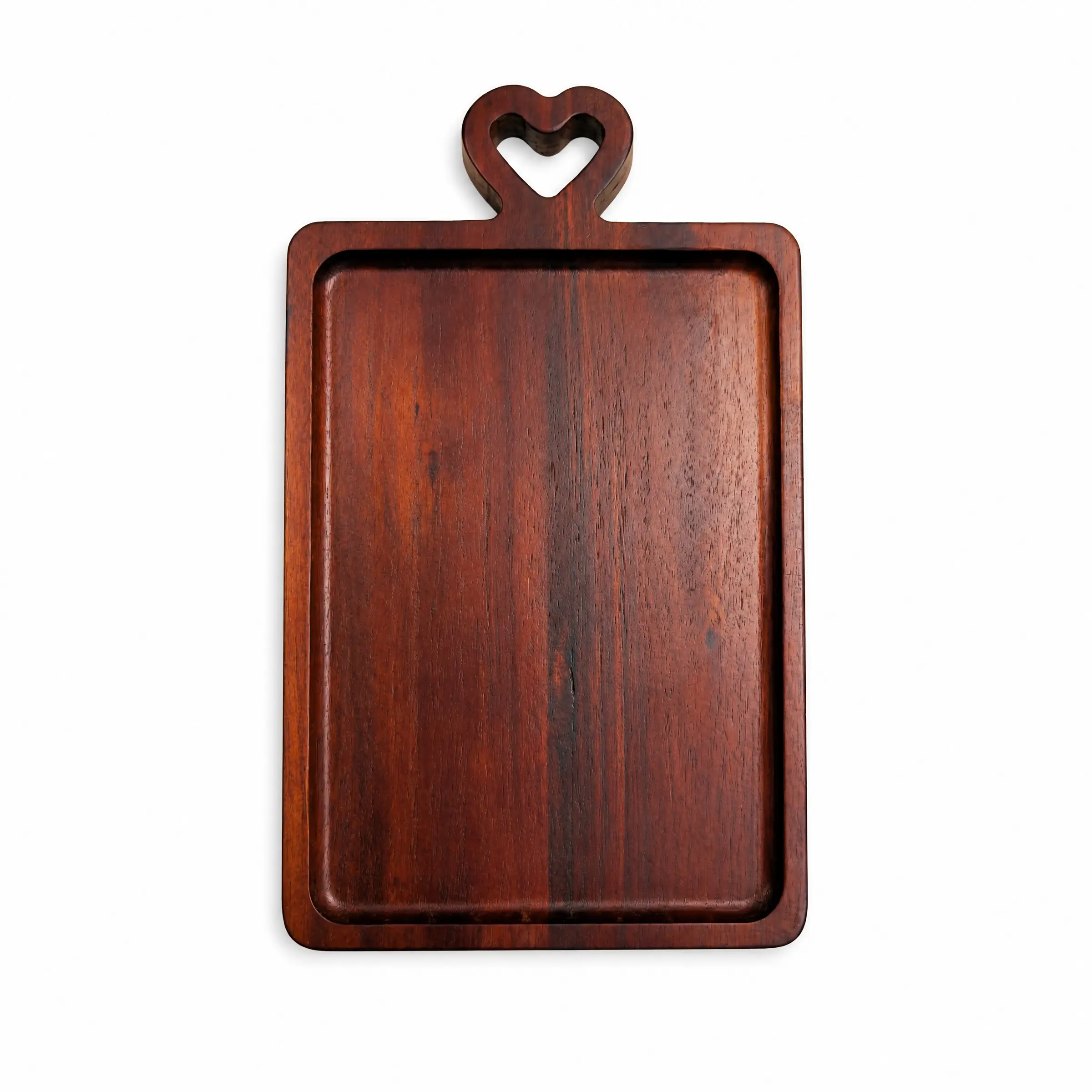 Large Rectangular Wooden Breakfast Tray with Heart-Shaped Handle, Dark Stained Wood Serving Board, Classic Style for Morning Tea and Sushi
