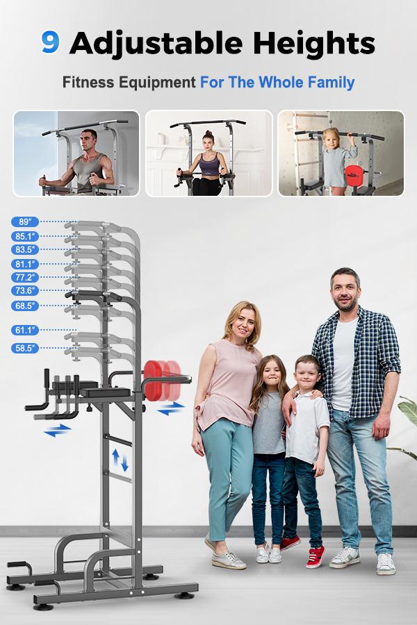 RELIFESPORTS Power Tower Dip Station 450LBS Capacity H-Shaped Frame Adjustable Height 9 Levels Non-Slip Suction Cups Easy Install Full Body Home Fitness Equipment